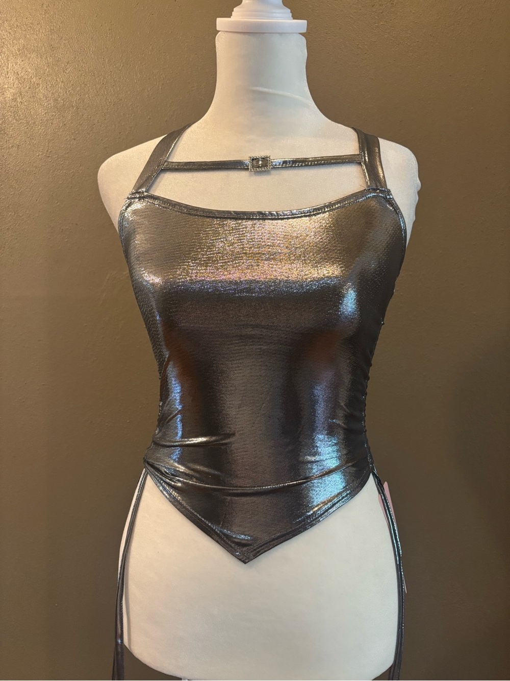 Shimmering Silver Strappy Women's Bodysuit